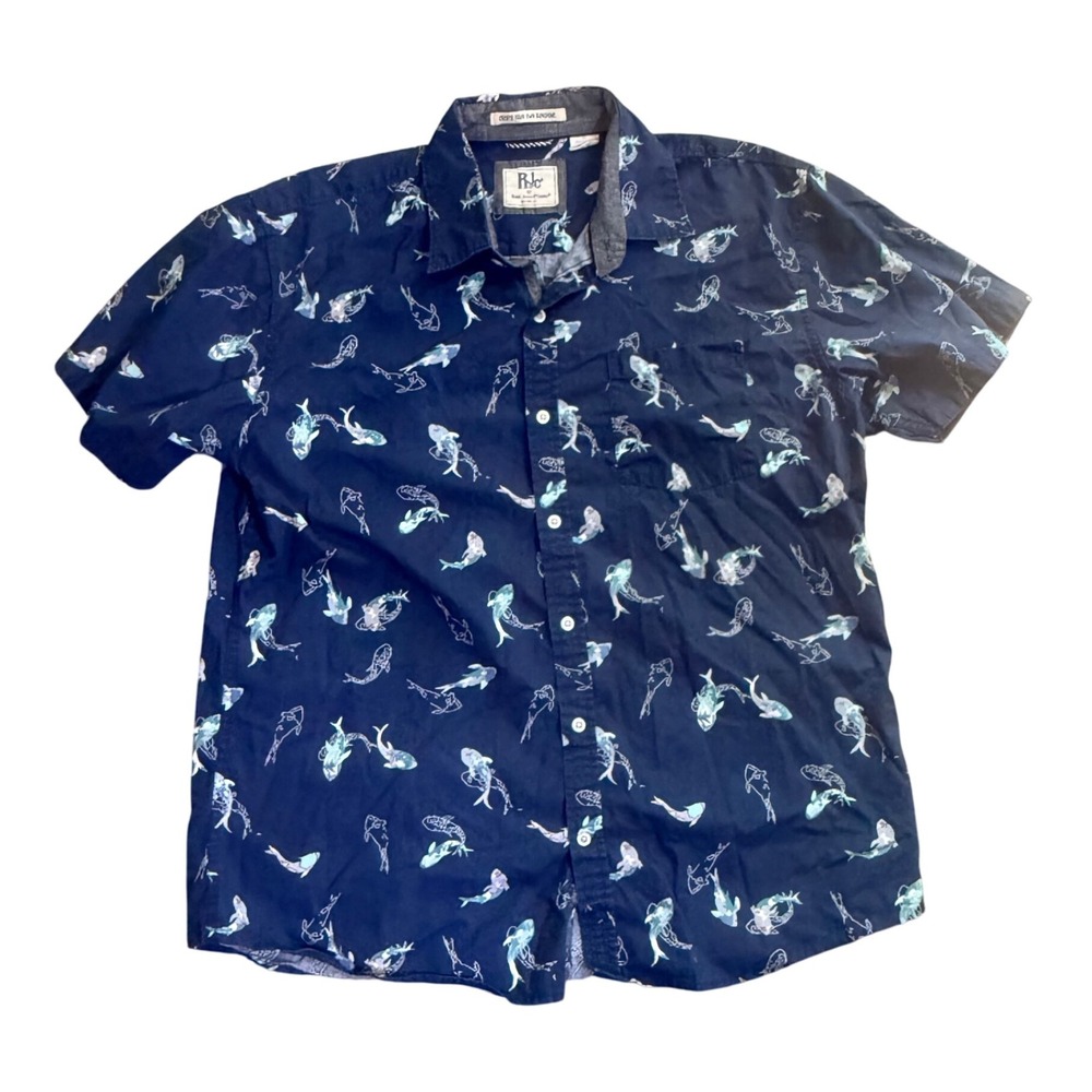 R&C Fish Print Button Up Short‎ Sleeve Casual Shirt - Men's XL